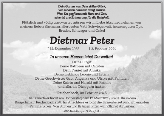 Traueranzeige von Dietmar Peter von Ostthüringer Zeitung
