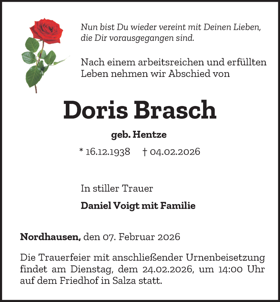  Traueranzeige für Doris Brasch vom 07.02.2026 aus Thüringer Allgemeine