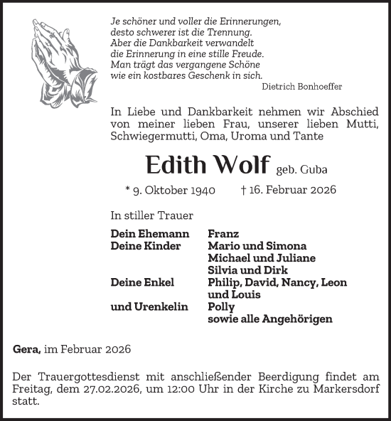 Traueranzeige von Edith Wolf von Ostthüringer Zeitung