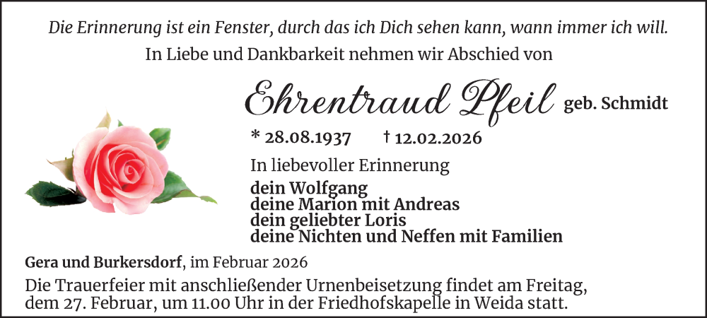  Traueranzeige für Ehrentraud Pfeil vom 21.02.2026 aus Ostthüringer Zeitung