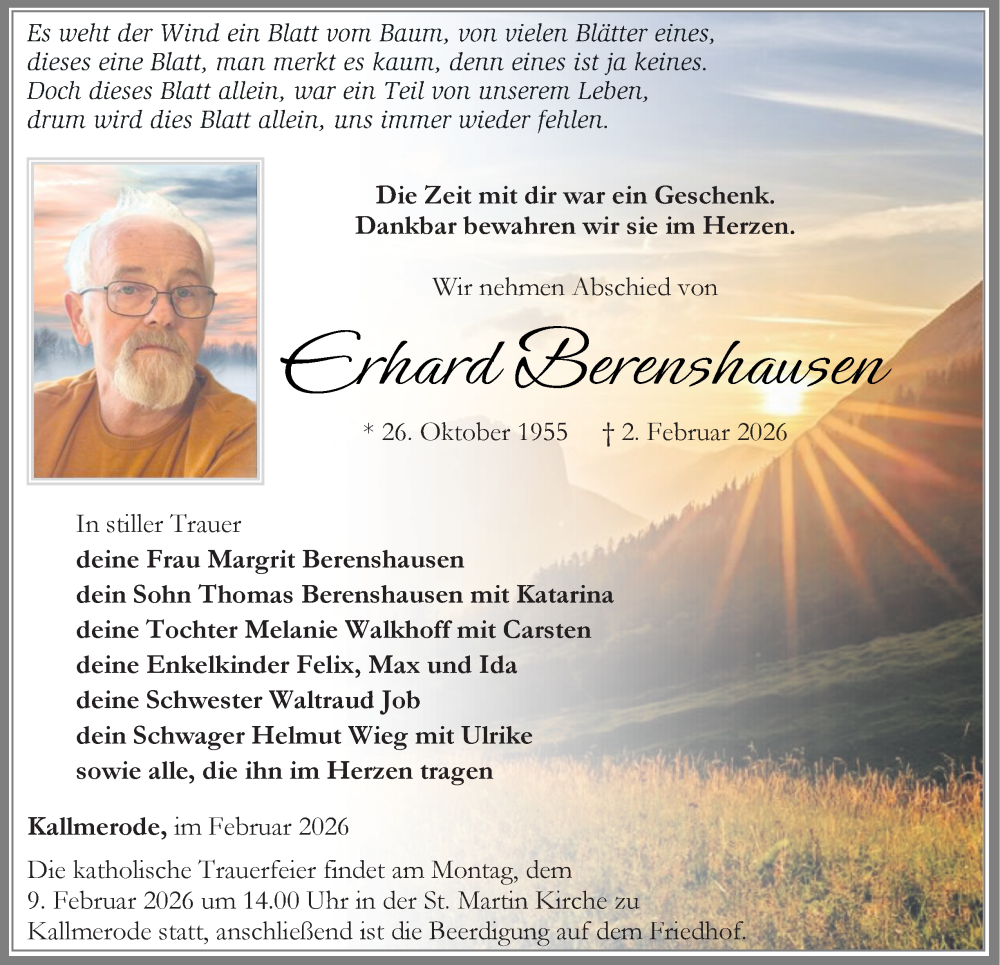  Traueranzeige für Erhard Berenshausen vom 07.02.2026 aus Thüringer Allgemeine