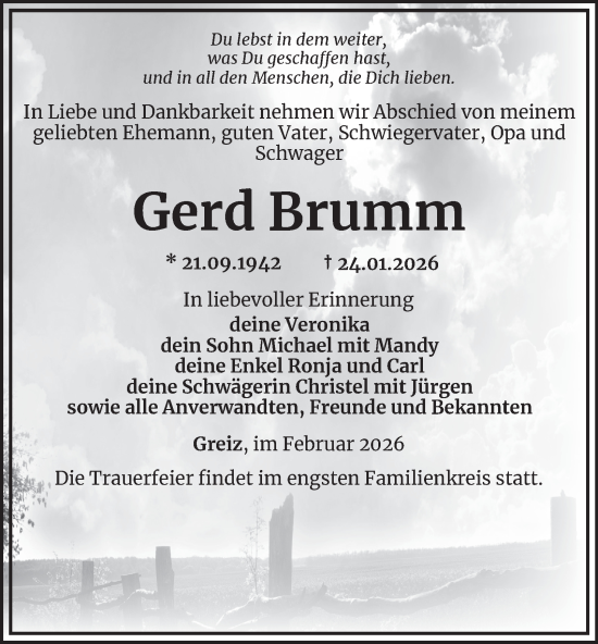 Traueranzeige von Gerd Brumm von Ostthüringer Zeitung