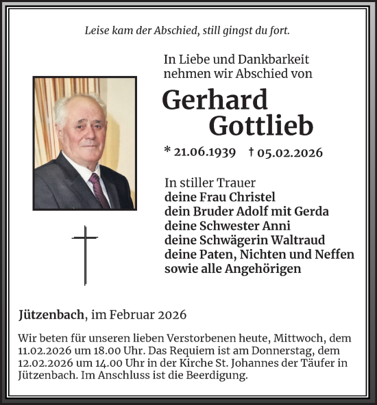 Traueranzeige von Gerhard Gottlieb von Thüringer Allgemeine