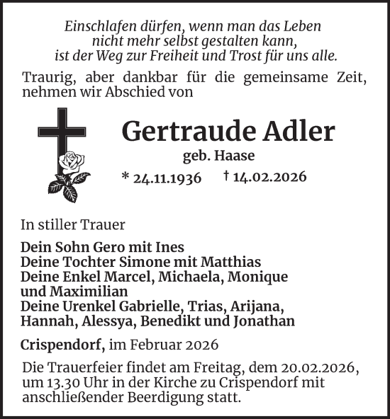 Traueranzeige von Gertraude Adler von Ostthüringer Zeitung
