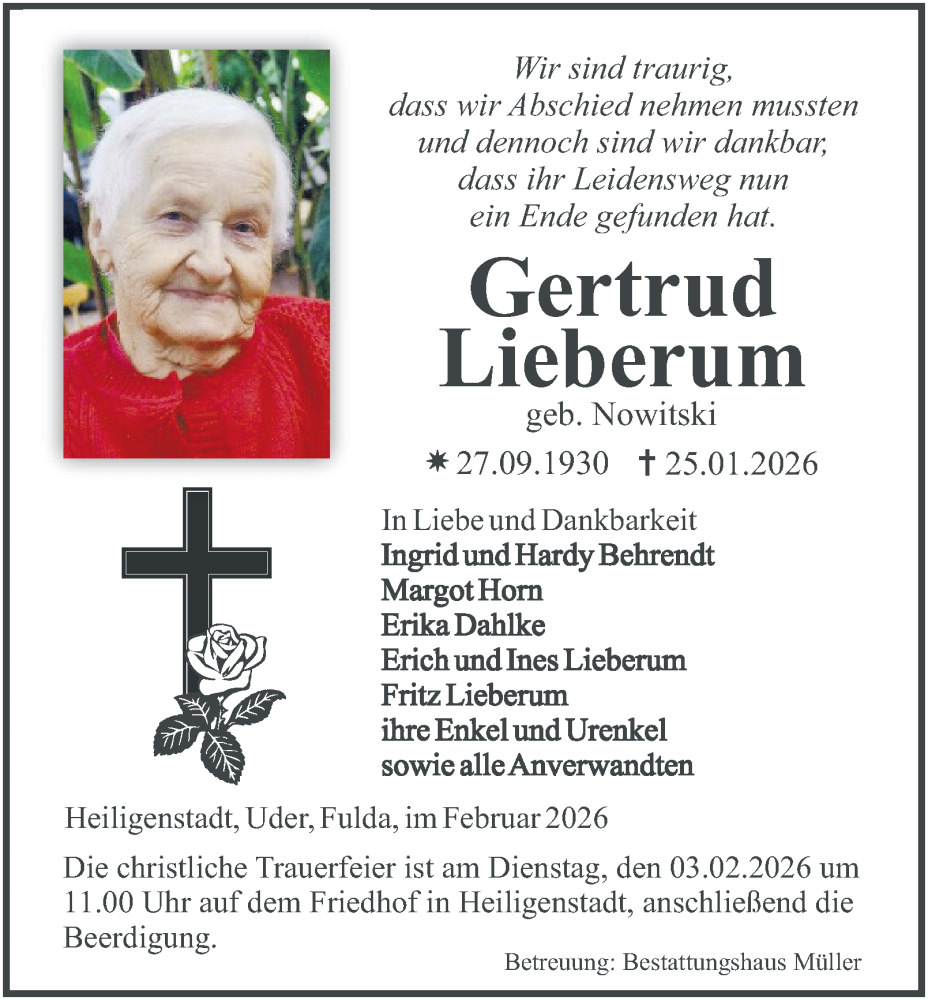  Traueranzeige für Gertrud Lieberum vom 03.02.2026 aus Thüringer Allgemeine
