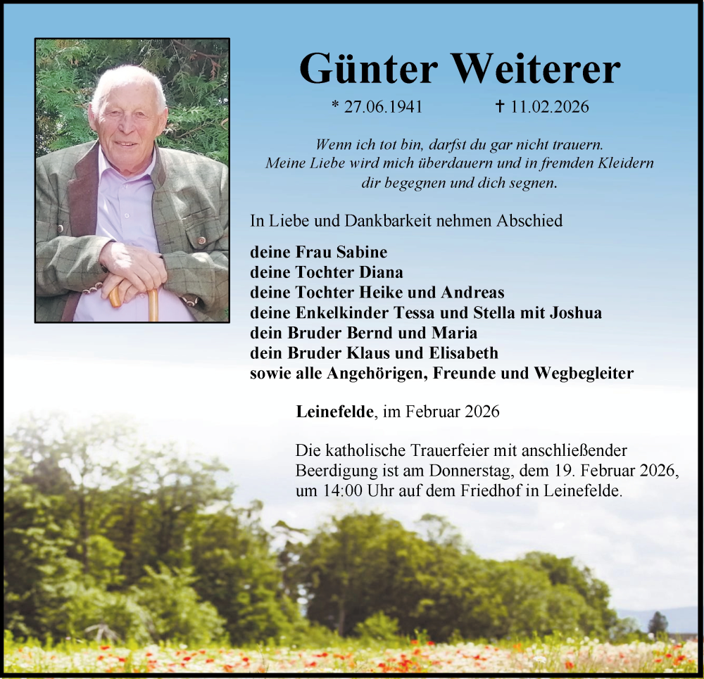  Traueranzeige für Günter Weiterer vom 14.02.2026 aus Thüringer Allgemeine