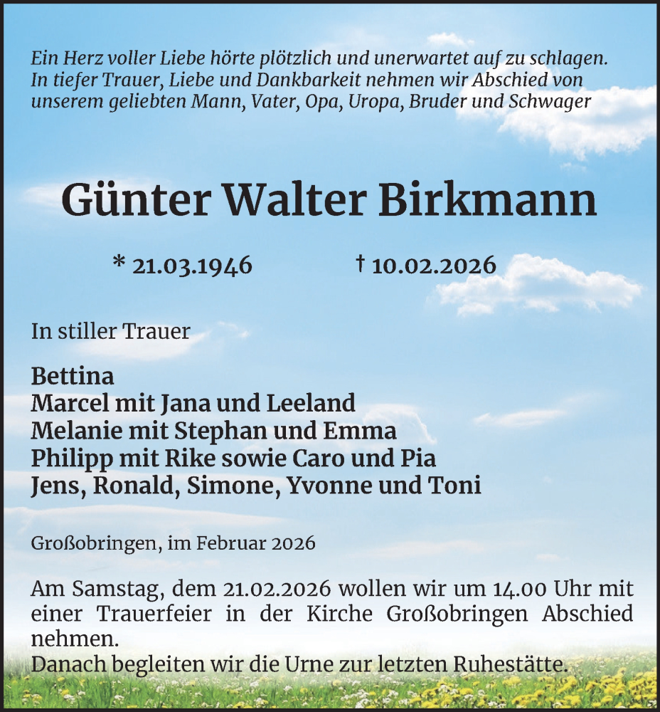  Traueranzeige für Günter Walter Birkmann vom 14.02.2026 aus Thüringer Allgemeine, Thüringische Landeszeitung