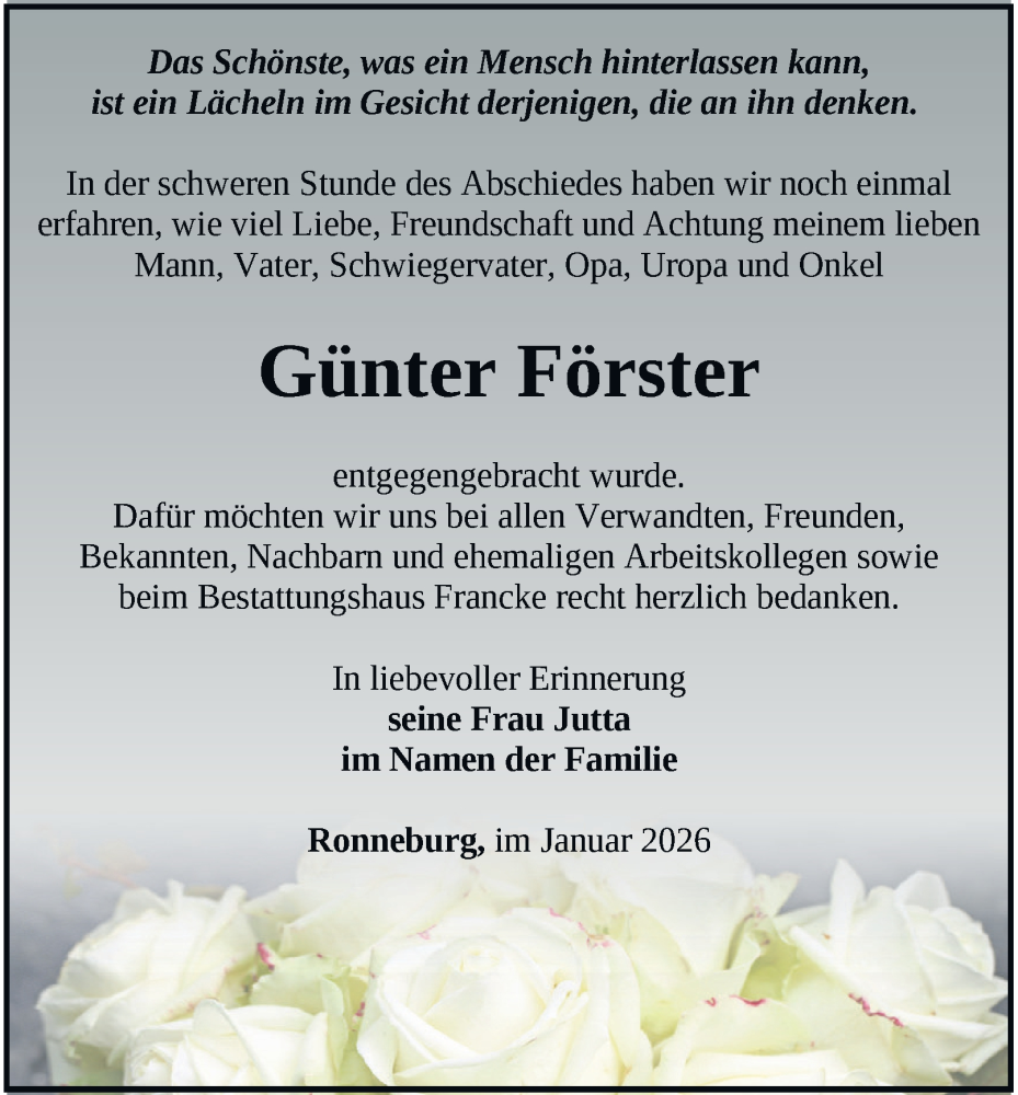  Traueranzeige für Gunter Fjörster vom 07.02.2026 aus Ostthüringer Zeitung
