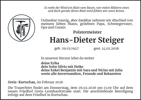 Traueranzeige von Hans-Dieter Steiger von Ostthüringer Zeitung