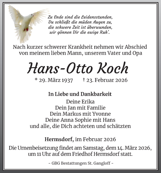 Traueranzeige von Hans-Otto Koch von Ostthüringer Zeitung