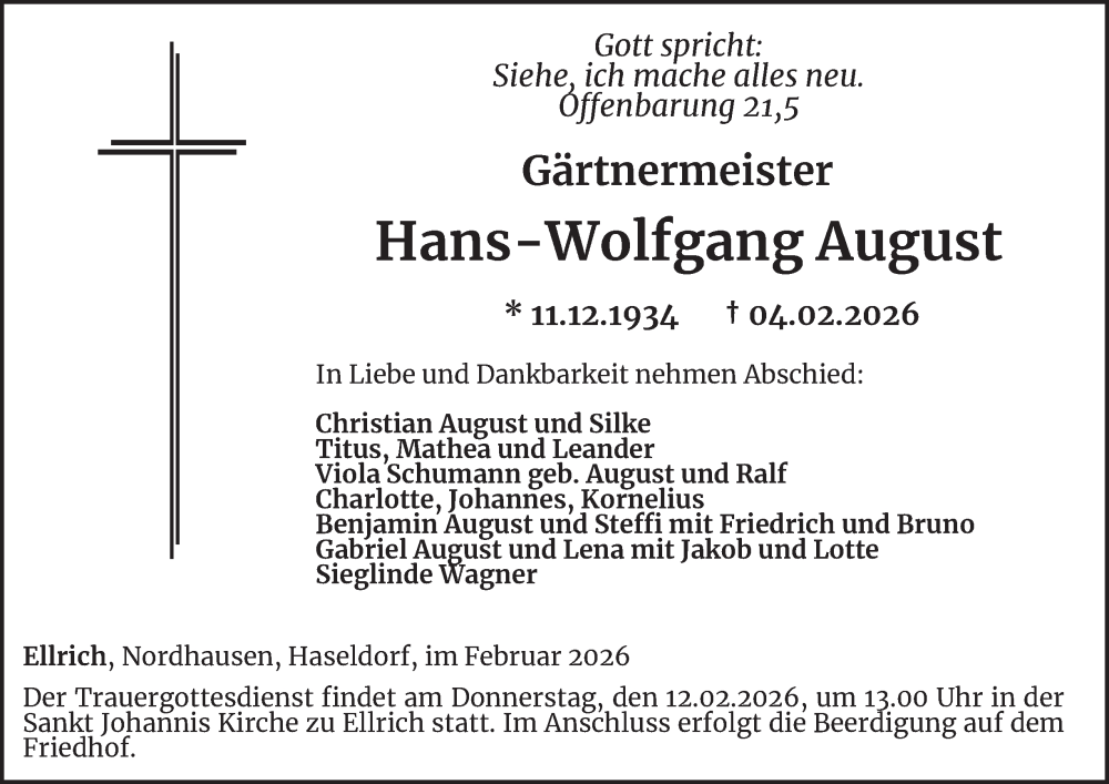  Traueranzeige für Hans-Wolfgang August vom 07.02.2026 aus Thüringer Allgemeine