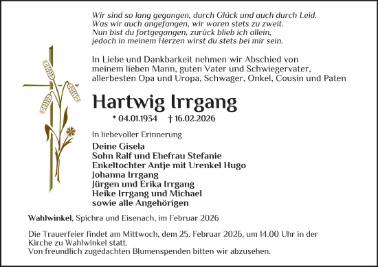 Traueranzeige von Hartwig Irrgang von Thüringer Allgemeine, Thüringische Landeszeitung