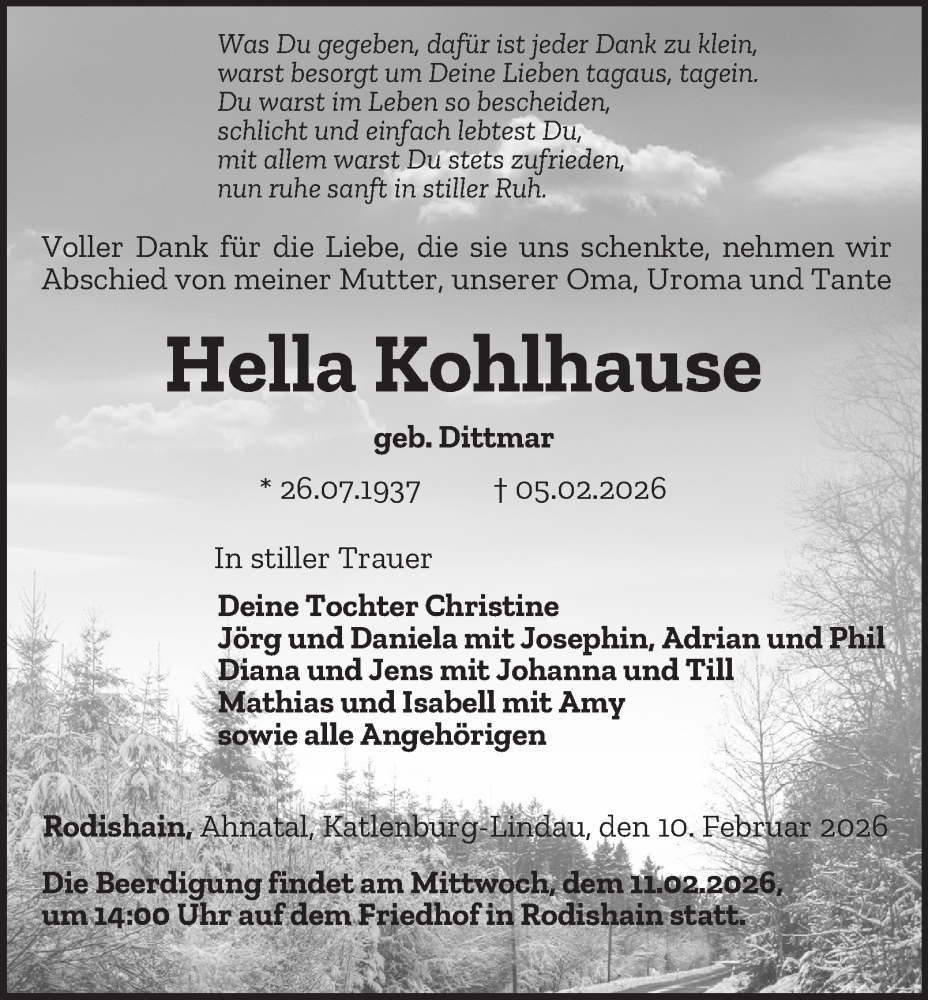  Traueranzeige für Hella Kohlhause vom 10.02.2026 aus Thüringer Allgemeine