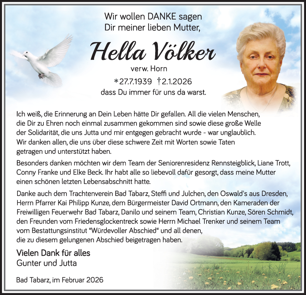  Traueranzeige für Hella Völker vom 14.02.2026 aus Thüringer Allgemeine, Thüringische Landeszeitung