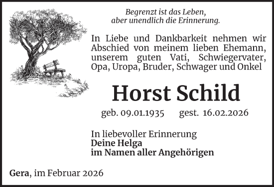 Traueranzeige von Horst Schild von Ostthüringer Zeitung