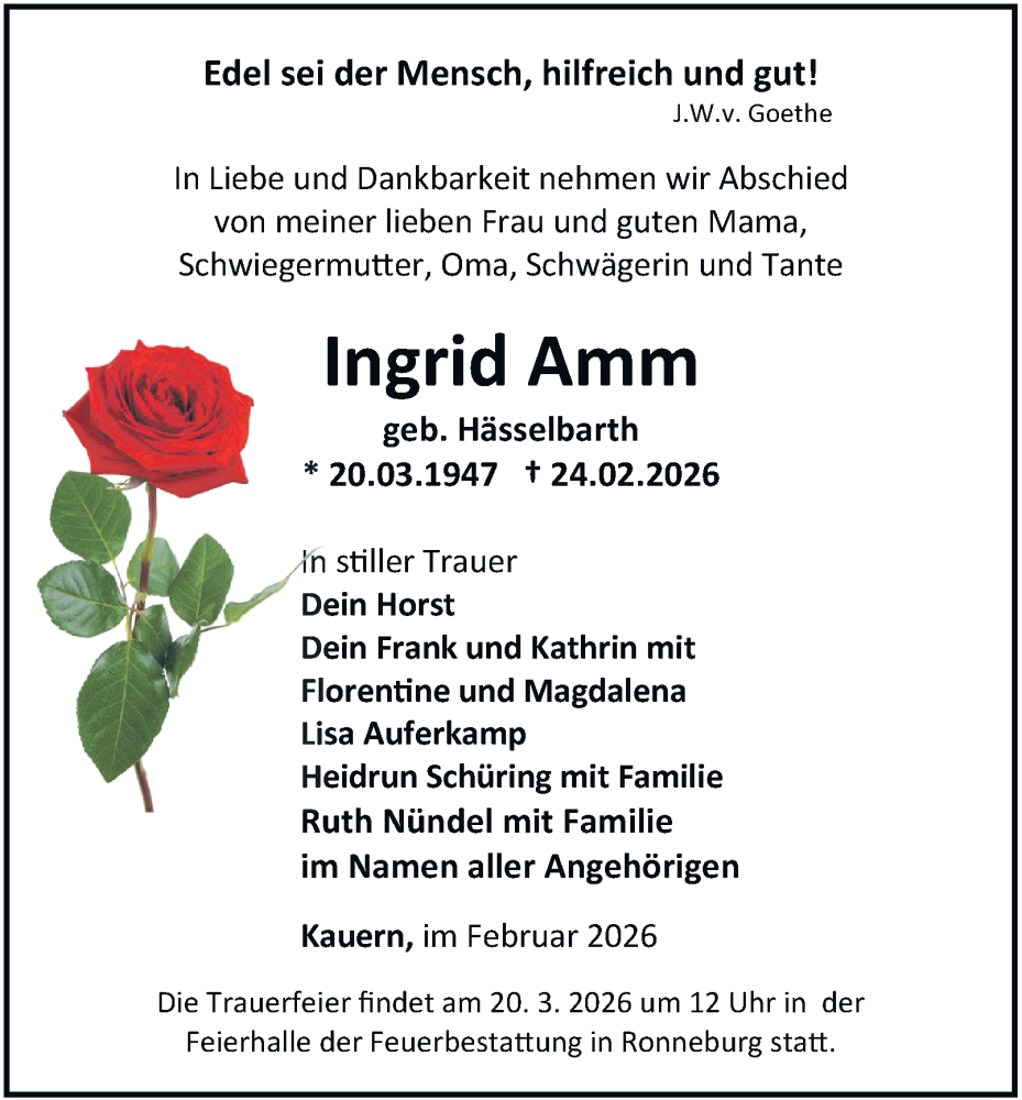  Traueranzeige für Ingrid Amm vom 28.02.2026 aus Ostthüringer Zeitung