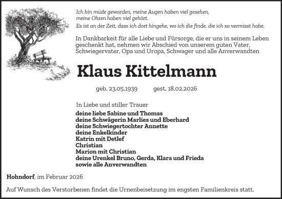 Traueranzeige von Klaus Kittelmann von Ostthüringer Zeitung