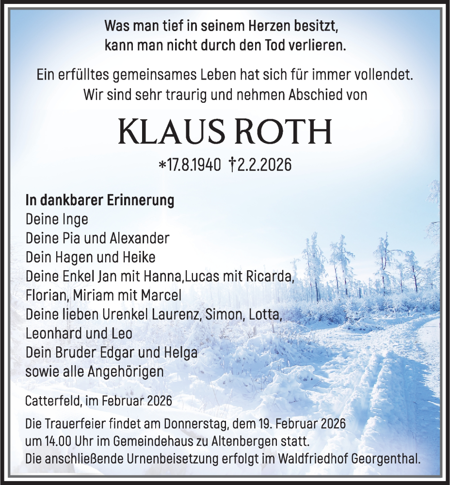  Traueranzeige für Klaus Roth vom 14.02.2026 aus Thüringer Allgemeine, Thüringische Landeszeitung