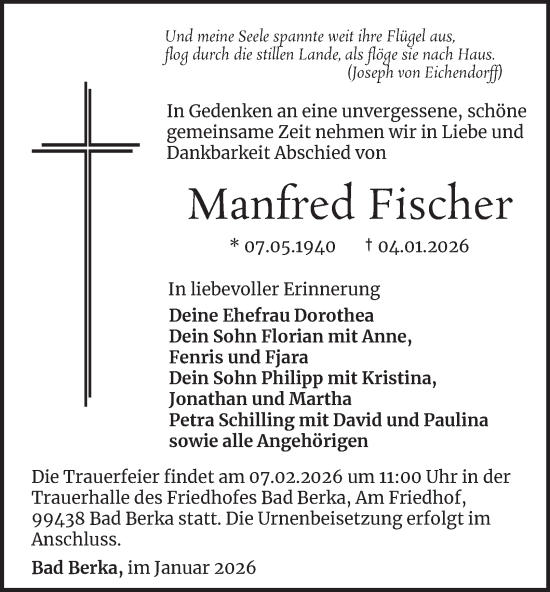 Traueranzeige von Manfred Fischer von Thüringer Allgemeine