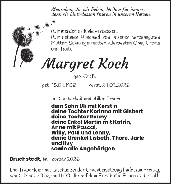 Traueranzeige von Margret Koch von Thüringer Allgemeine, Thüringische Landeszeitung