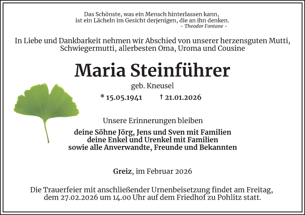  Traueranzeige für Maria Steinführer vom 06.02.2026 aus Ostthüringer Zeitung