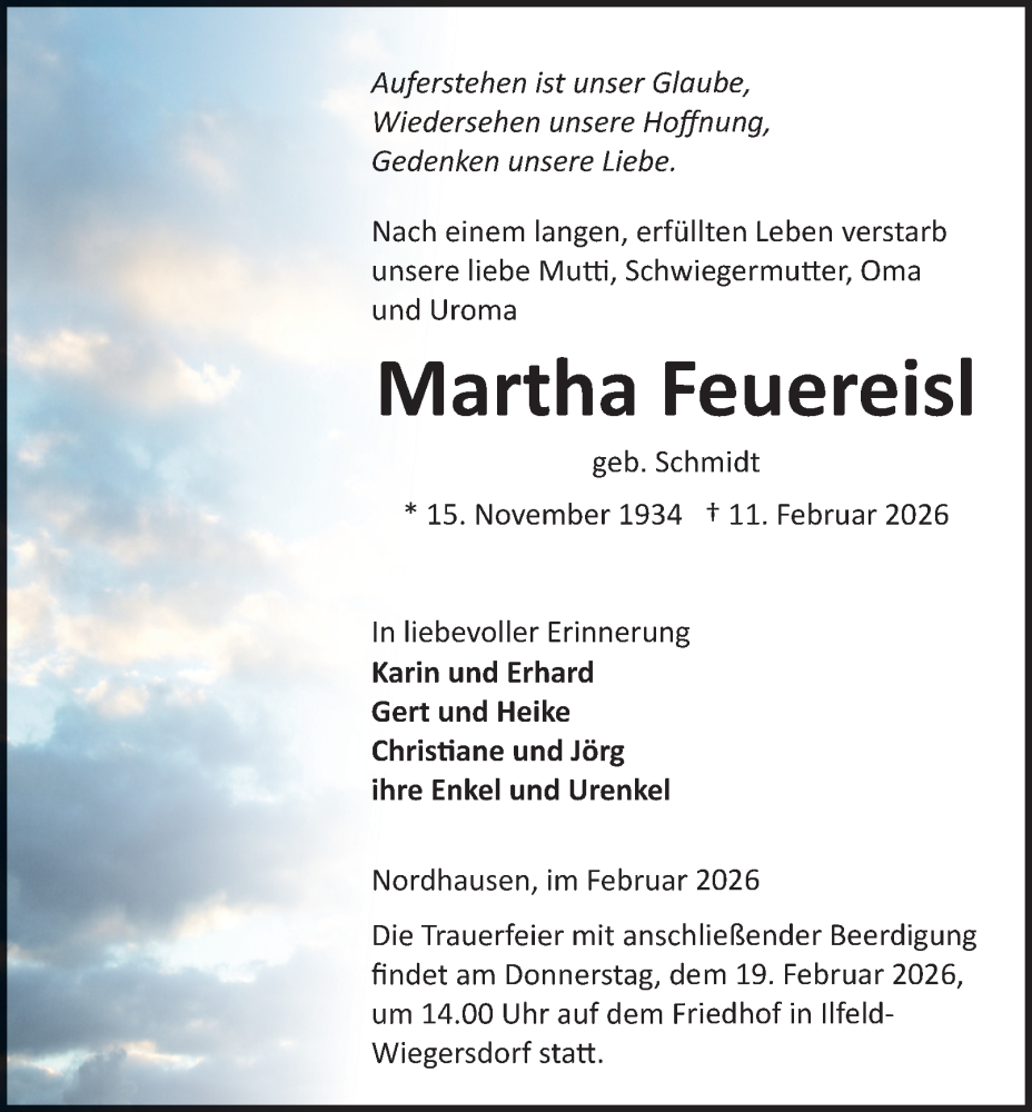  Traueranzeige für Martha Feuereisl vom 14.02.2026 aus Thüringer Allgemeine