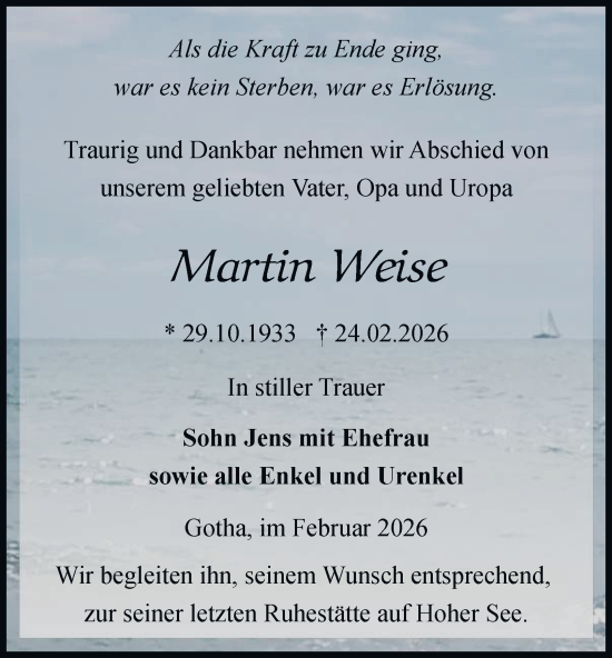 Traueranzeige von Martin Weise von Thüringer Allgemeine, Thüringische Landeszeitung