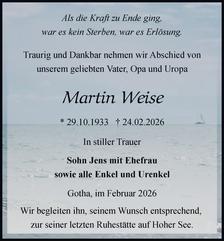  Traueranzeige für Martin Weise vom 28.02.2026 aus Thüringer Allgemeine, Thüringische Landeszeitung
