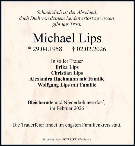 Traueranzeige von Michael Lips von Thüringer Allgemeine