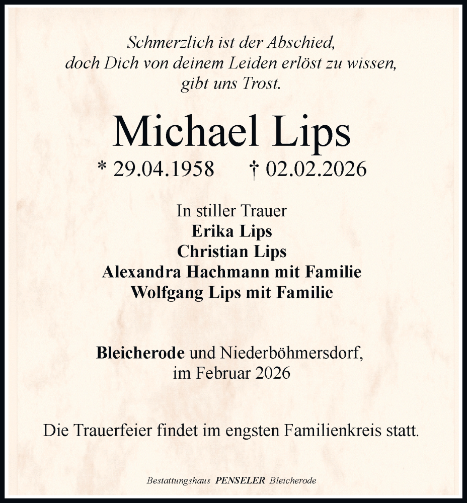  Traueranzeige für Michael Lips vom 07.02.2026 aus Thüringer Allgemeine