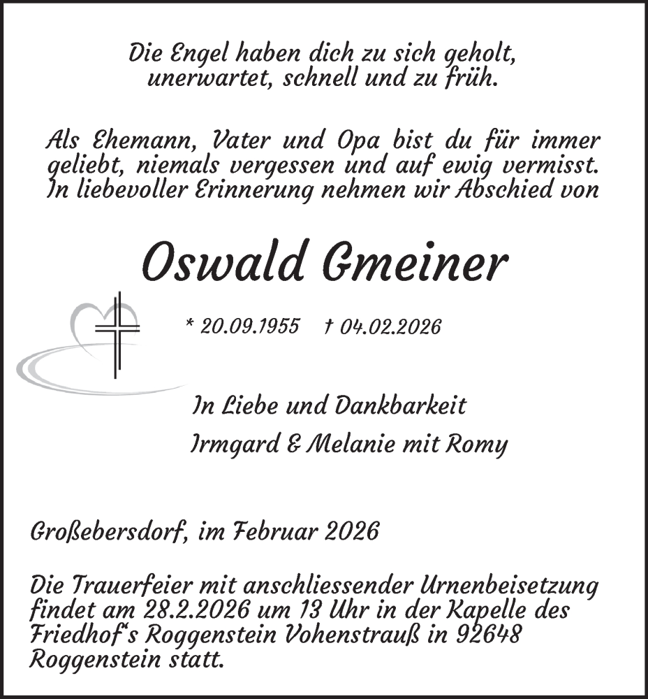 Traueranzeige für Oswald Gmeiner vom 14.02.2026 aus Ostthüringer Zeitung