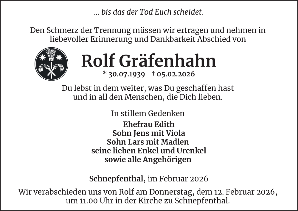  Traueranzeige für Rolf Gräfenhahn vom 10.02.2026 aus Thüringer Allgemeine, Thüringische Landeszeitung