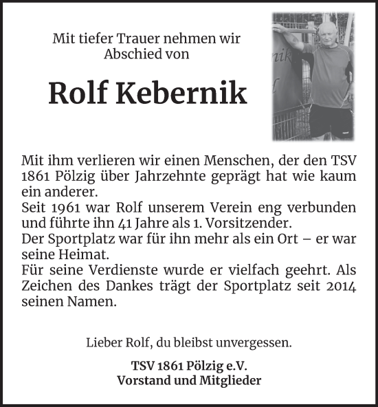 Traueranzeige von Rolf Kebernik von Ostthüringer Zeitung
