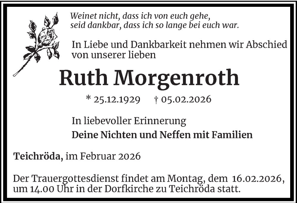  Traueranzeige für Ruth Morgenroth vom 07.02.2026 aus Ostthüringer Zeitung