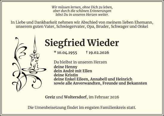 Traueranzeige von Siegfried Wieder von Ostthüringer Zeitung