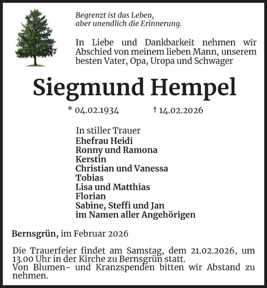 Traueranzeige von Siegmund Hempel von Ostthüringer Zeitung