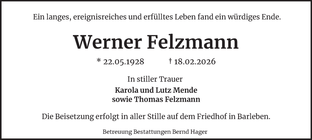  Traueranzeige für Werner Felzmann vom 21.02.2026 aus Ostthüringer Zeitung