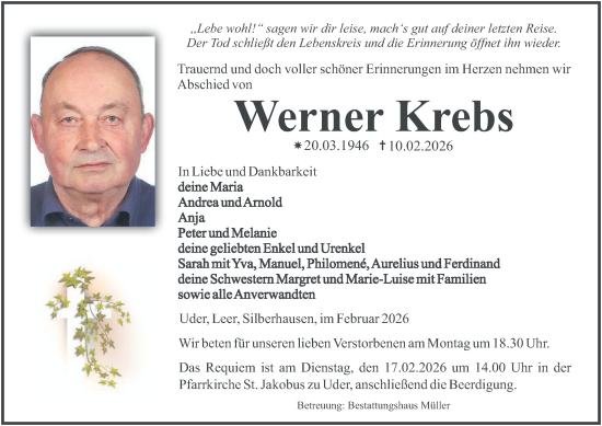 Traueranzeige von Werner Krebs von Thüringer Allgemeine