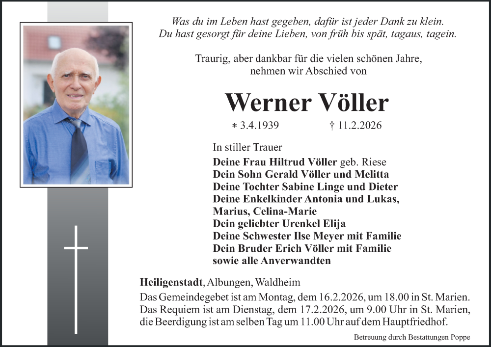  Traueranzeige für Werner Völler vom 14.02.2026 aus Thüringer Allgemeine