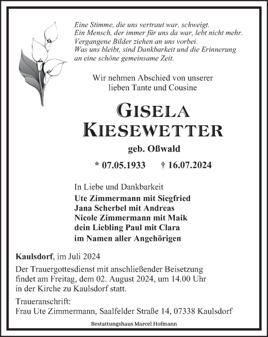 Zur Gedenkseite von Gisela Kiesewetter